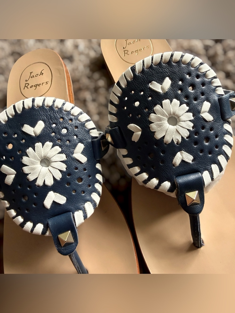 JACK ROGERS Georgia Sandal Navy and White Daisy Thong Sandals Size 9.5 Women - Picture 2 of 11